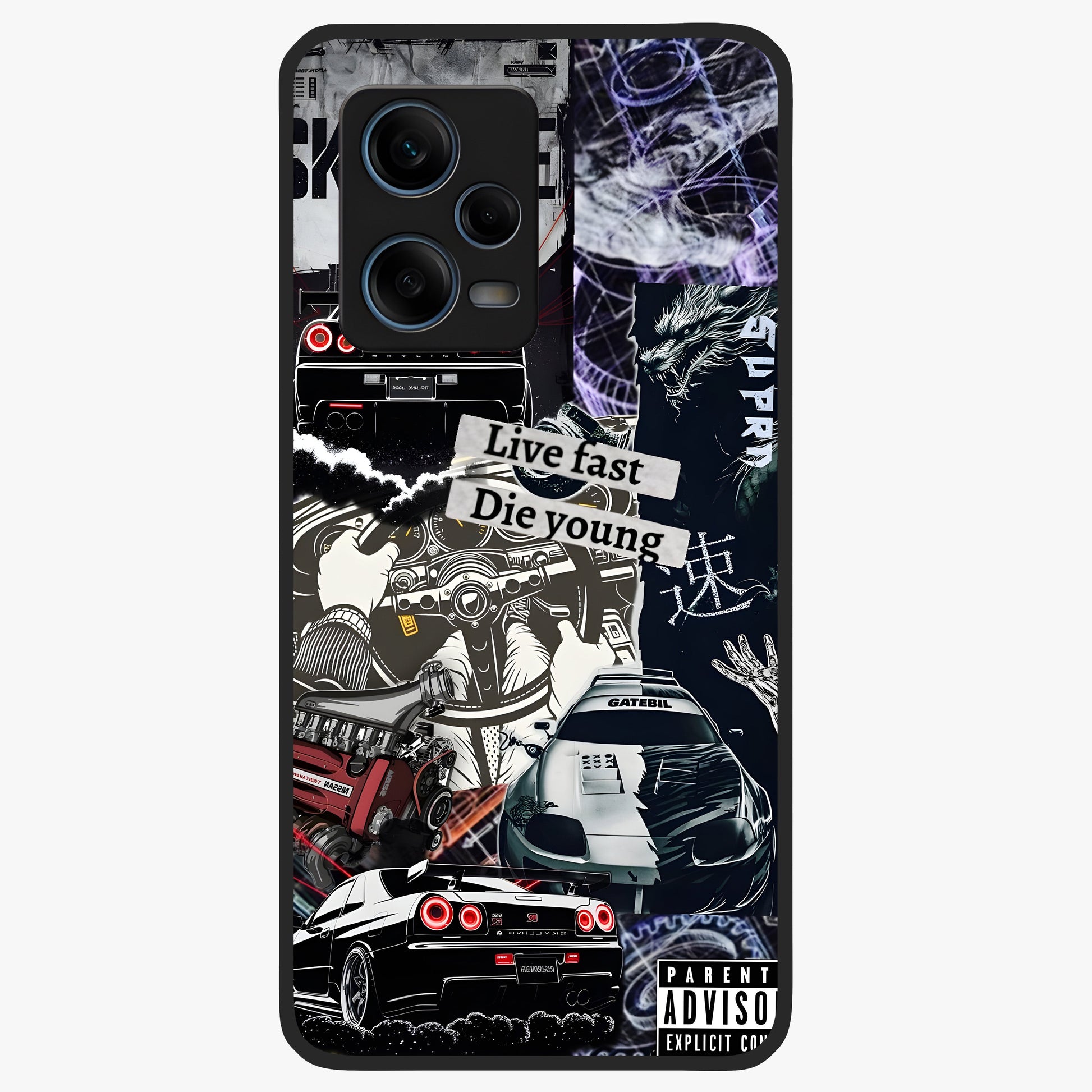 Die Young Glass Case showing flat back view with bold artistic typography design and glossy glass finish.