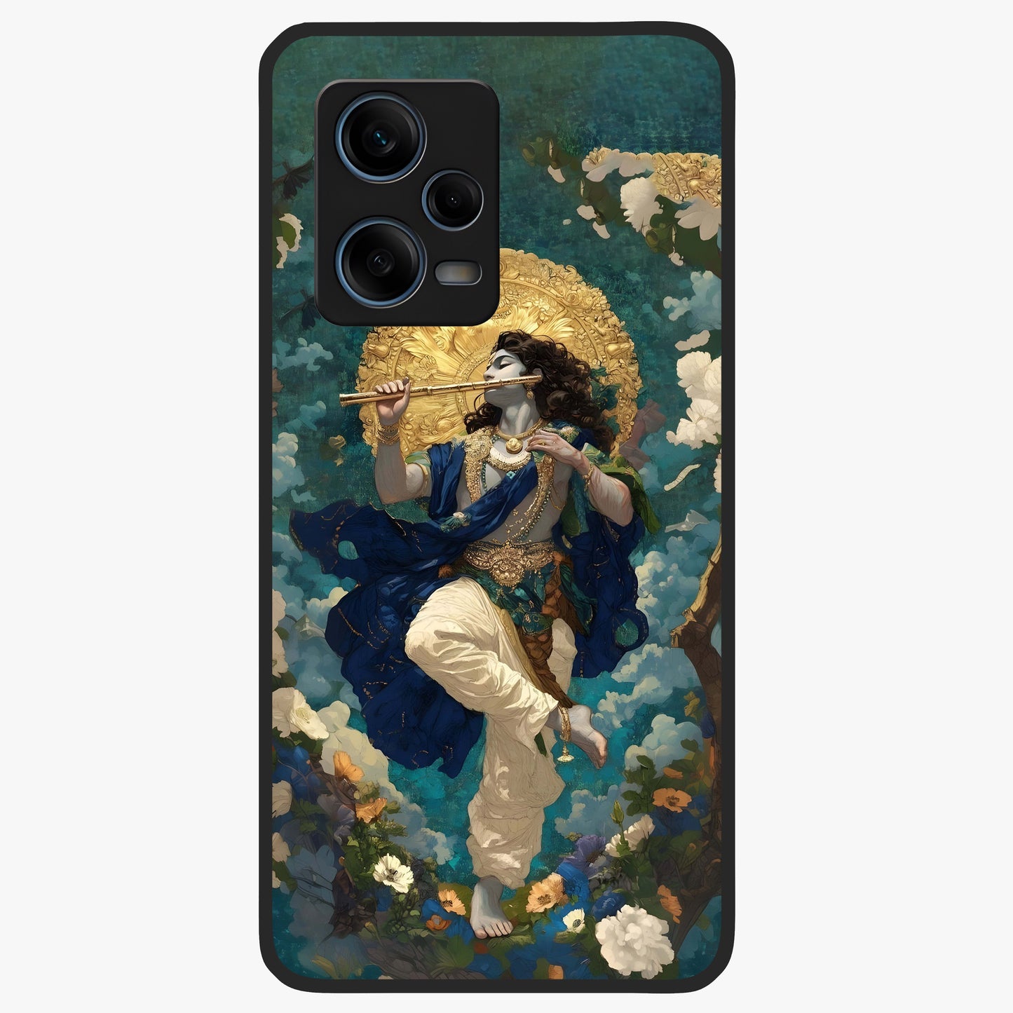 Divine Krishna Art Glass Case showing flat back view with Lord Krishna artwork and glossy glass finish.