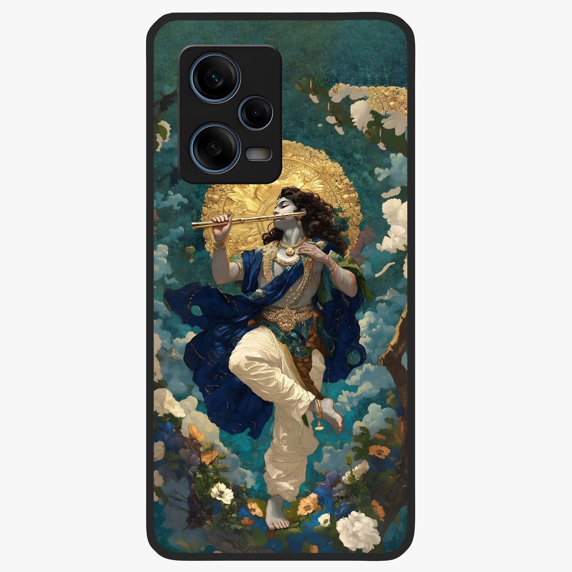 Divine Krishna Art Glass Case showing flat back view with Lord Krishna artwork and glossy glass finish.