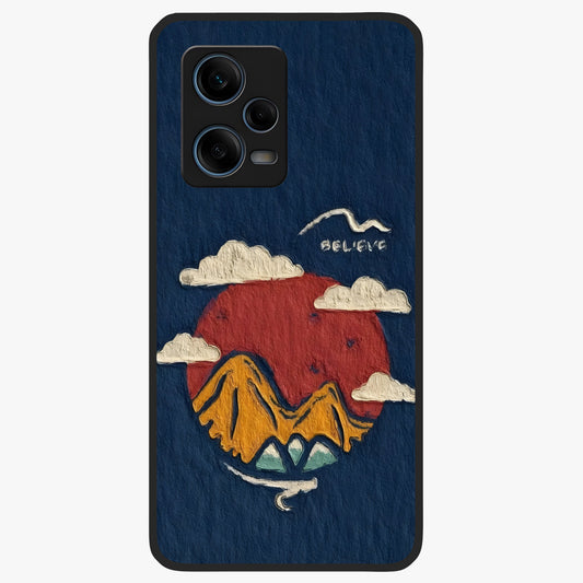 Dream Beyond Mountains Glass Case showing flat back view with scenic mountain landscape artwork and glossy glass finish.