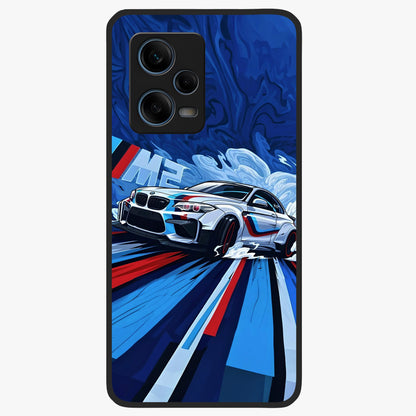 Drift Power Rush Glass Case showing flat back view with dynamic racing inspired artwork and glossy glass finish.