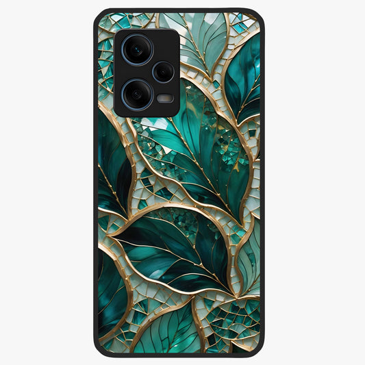 Emerald Leaf Glass Glass Case showing flat back view with emerald green leaf artwork and glossy glass finish.