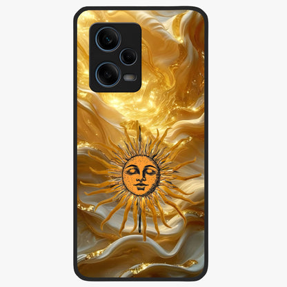 Eternal Golden Glow Glass Case showing flat back view with radiant golden themed artwork and glossy glass finish.