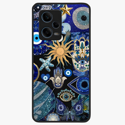 Evil Eye Charm Mix Glass Case showing flat back view with multiple evil eye charms artwork and glossy glass finish.