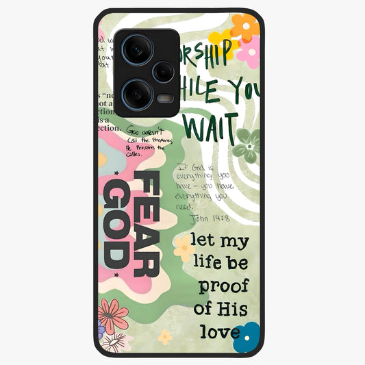 Faith Over Fear Glass Case showing flat back view with motivational typography artwork and glossy glass finish.