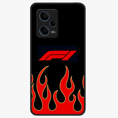 Fire F11 Glass Case showing flat back view with fiery themed artwork and glossy glass finish.