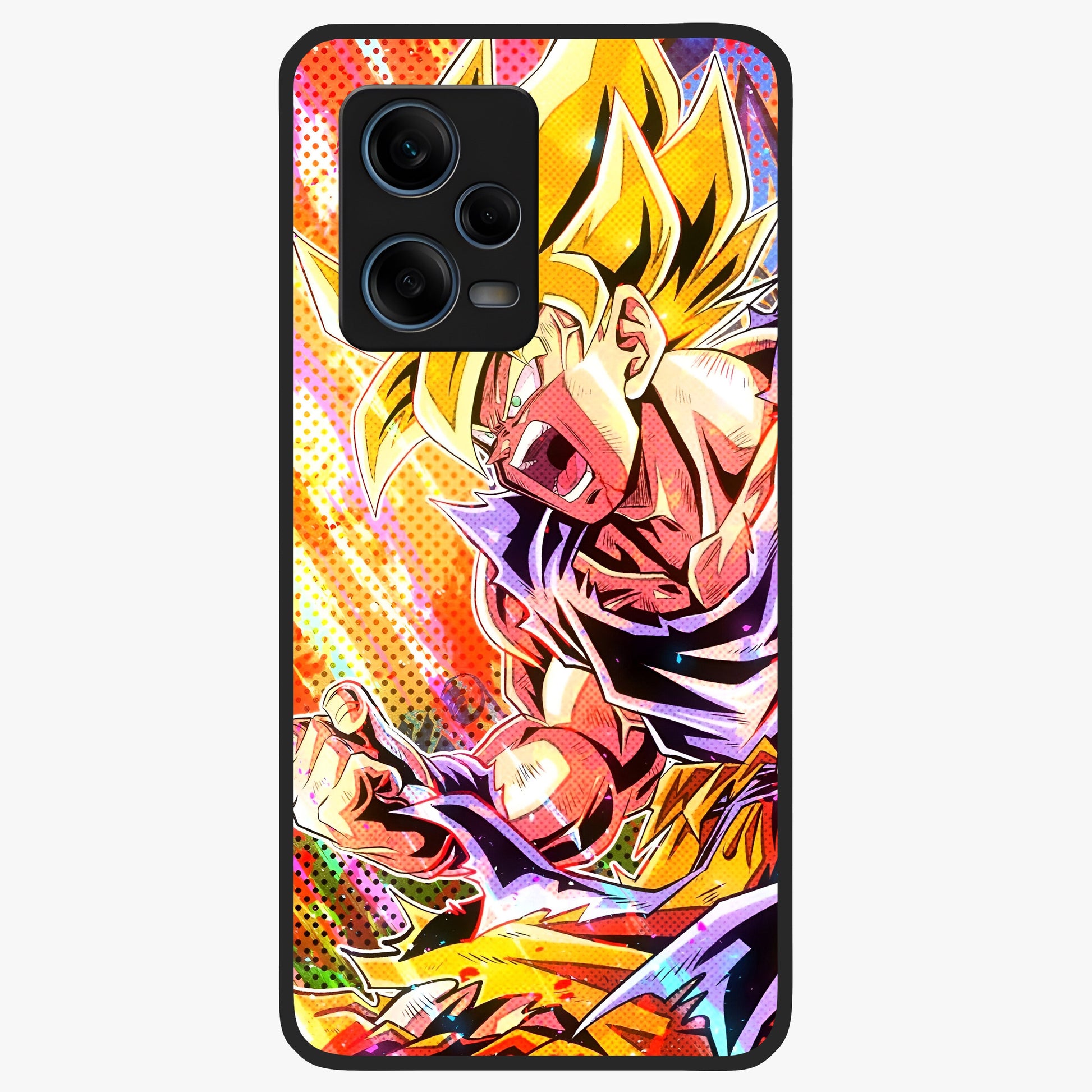 Firing Goku Glass Case showing flat back view with powerful anime inspired artwork and glossy glass finish.