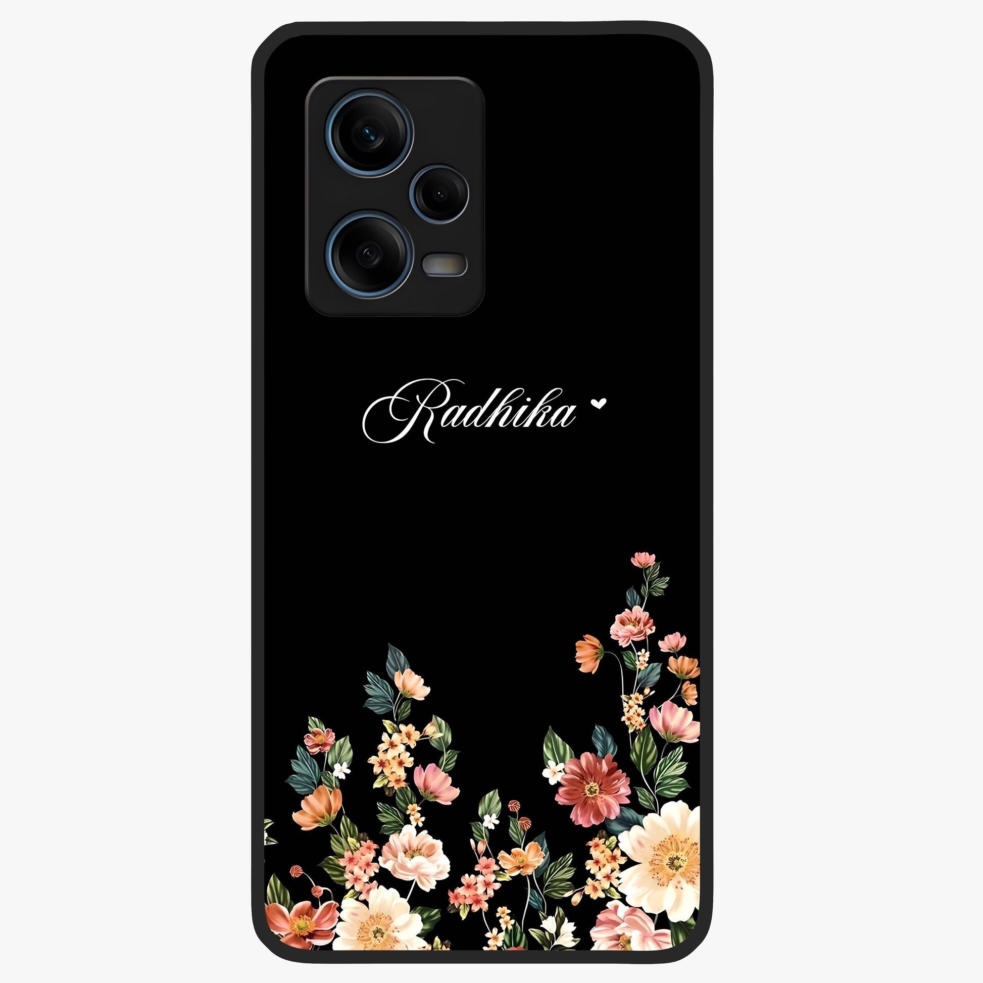Floral Design With a Custom Personalized Name Glass Case showing flat back view with floral artwork and personalized name design.