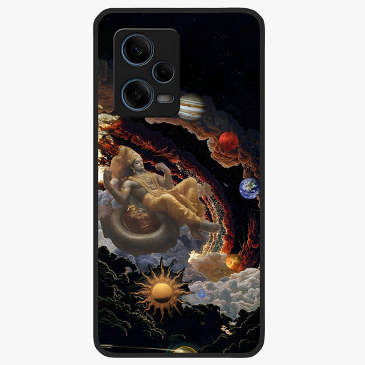 Galactic Divine God Glass Case showing flat back view with divine cosmic themed artwork and glossy glass finish.