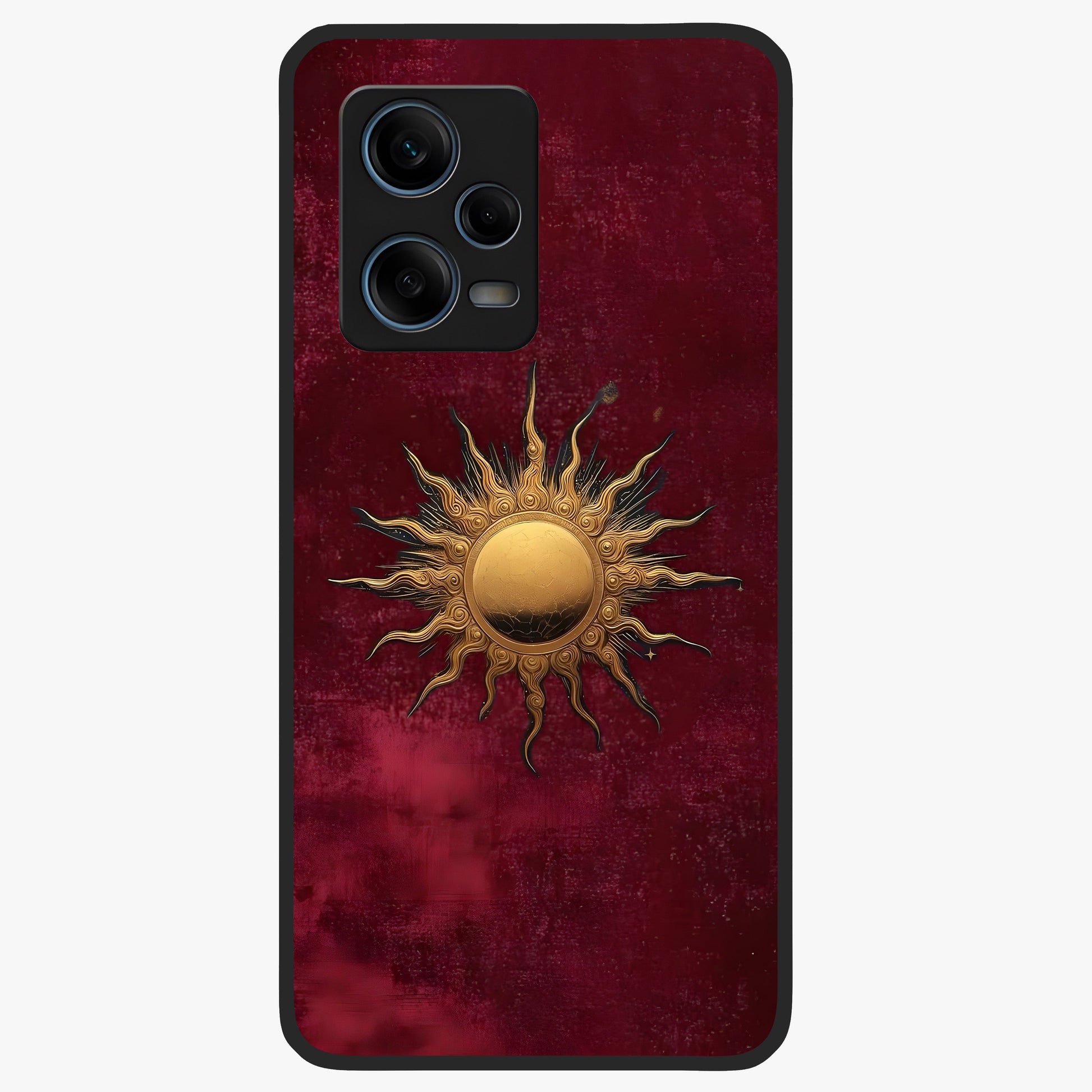 Gold Sun Blush Glass Case showing flat back view with golden sun inspired artwork and glossy glass finish.