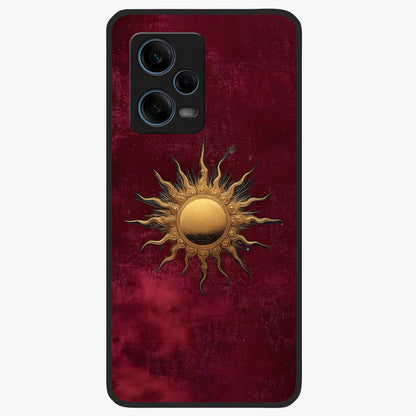 Gold Sun Blush Glass Case showing flat back view with golden sun inspired artwork and glossy glass finish.