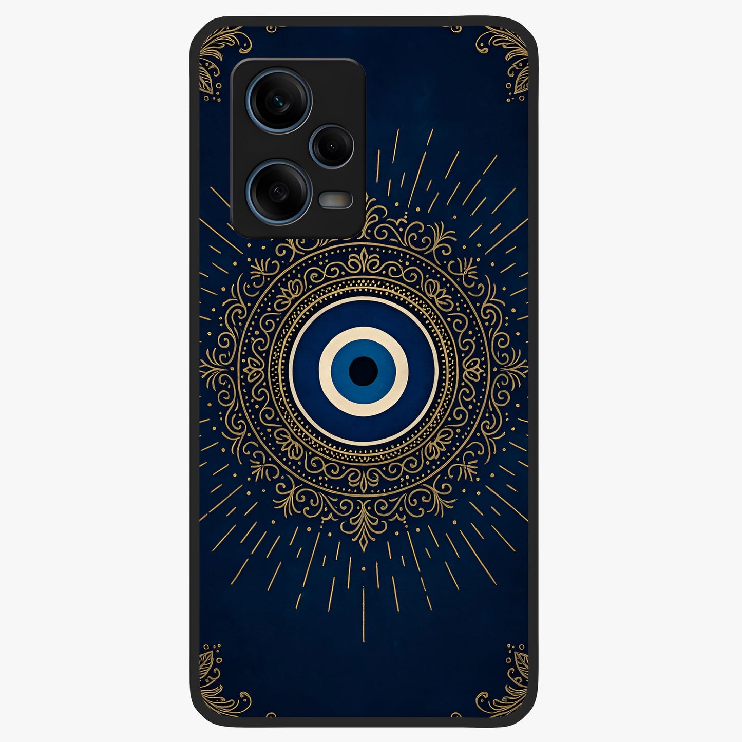 Golden Evil Eye Mandala Glass Case showing flat back view with intricate evil eye mandala artwork and glossy glass finish.