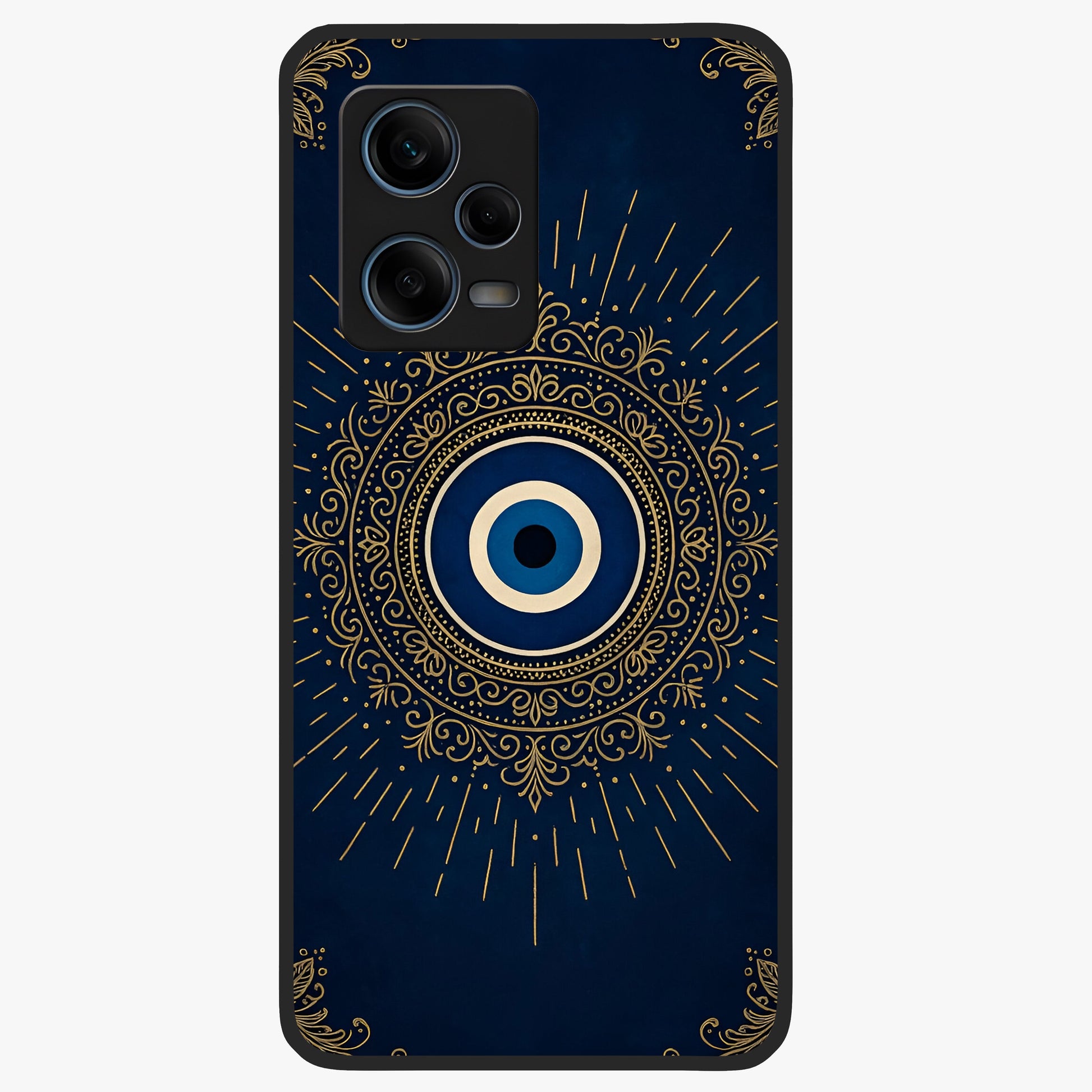 Golden Evil Eye Mandala Glass Case showing flat back view with intricate evil eye mandala artwork and glossy glass finish.
