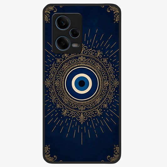 Golden Evil Eye Mandala Glass Case showing flat back view with intricate evil eye mandala artwork and glossy glass finish.