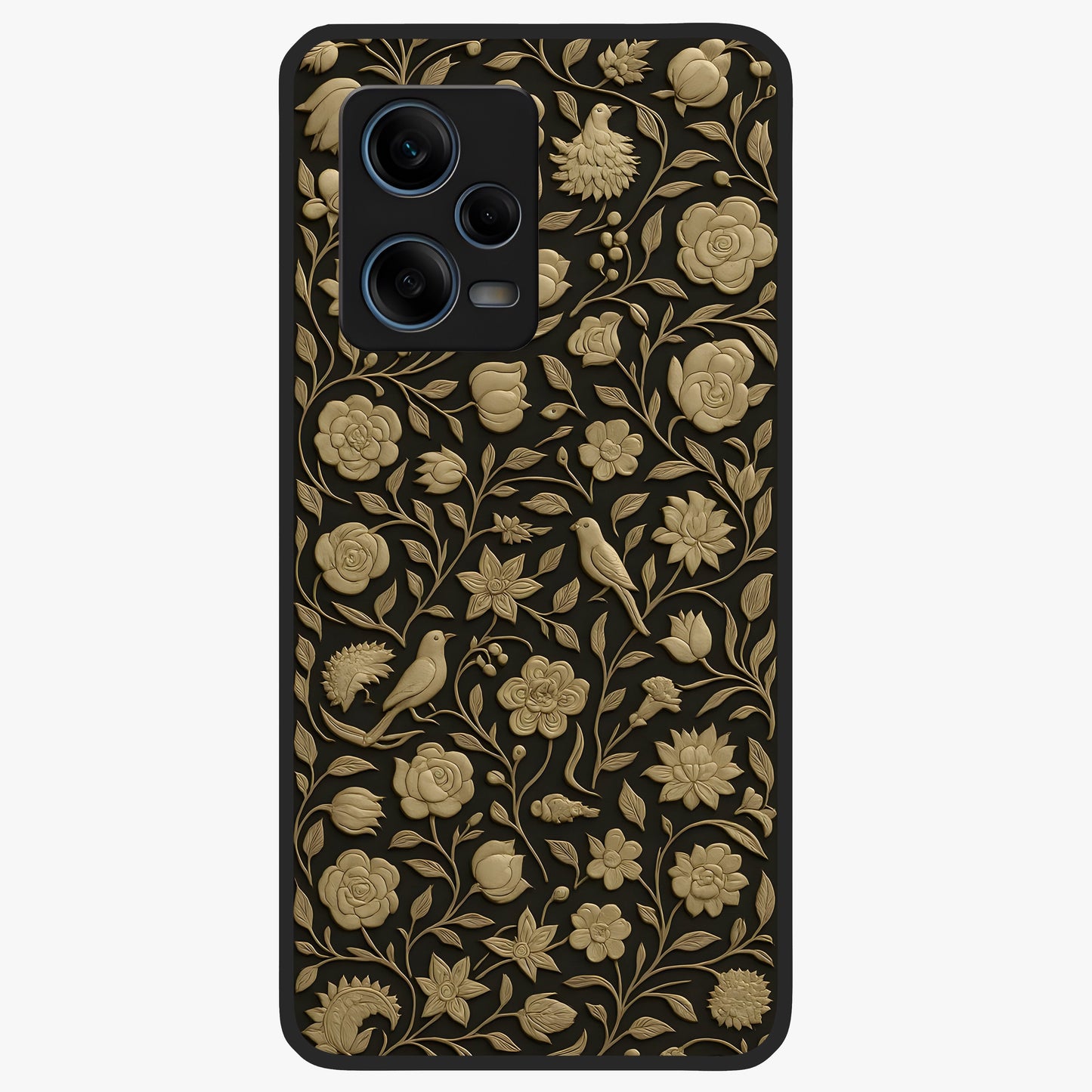 Golden Floral Majesty Glass Case showing flat back view with luxurious golden floral artwork and glossy glass finish.