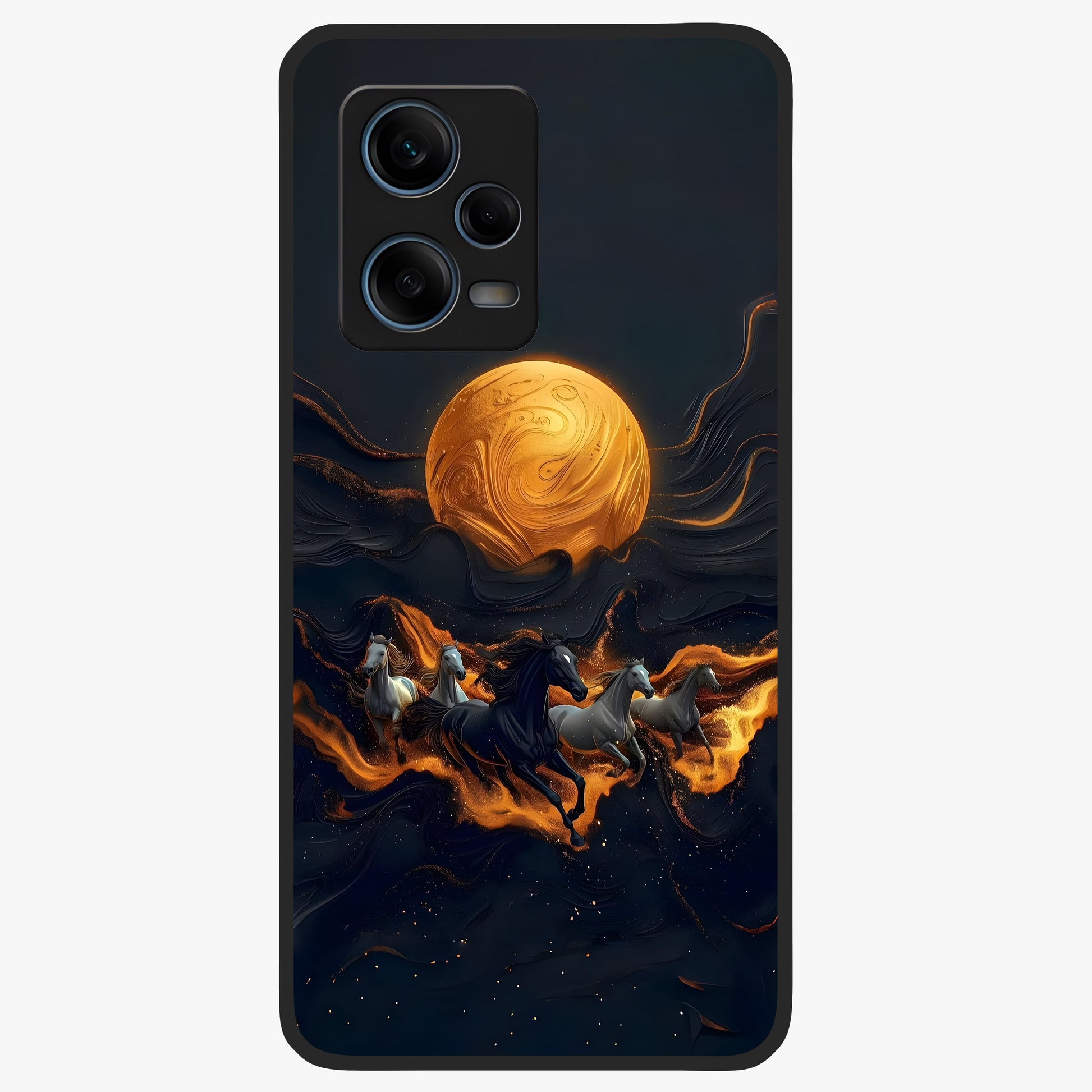 Golden Stallion Moonride Glass Case showing flat back view with majestic horse under moonlight artwork and glossy glass finish.