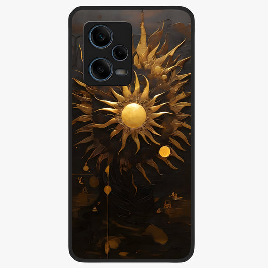 Golden Sun Majesty Glass Case showing flat back view with radiant golden sun artwork and glossy glass finish.