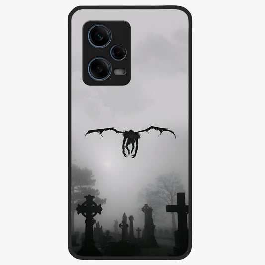 Graveyard Shadow Descent Glass Case showing flat back view with dark graveyard themed artwork and glossy glass finish.