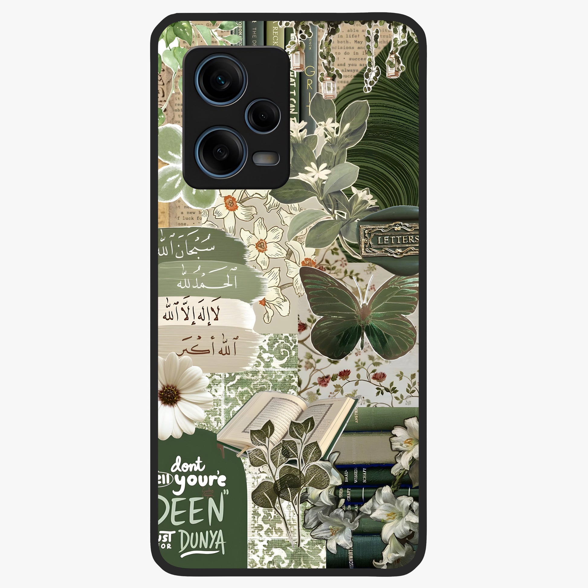 Green Islamic Books Quotes Glass Case showing flat back view with Islamic quotes and book themed artwork and glossy glass finish.