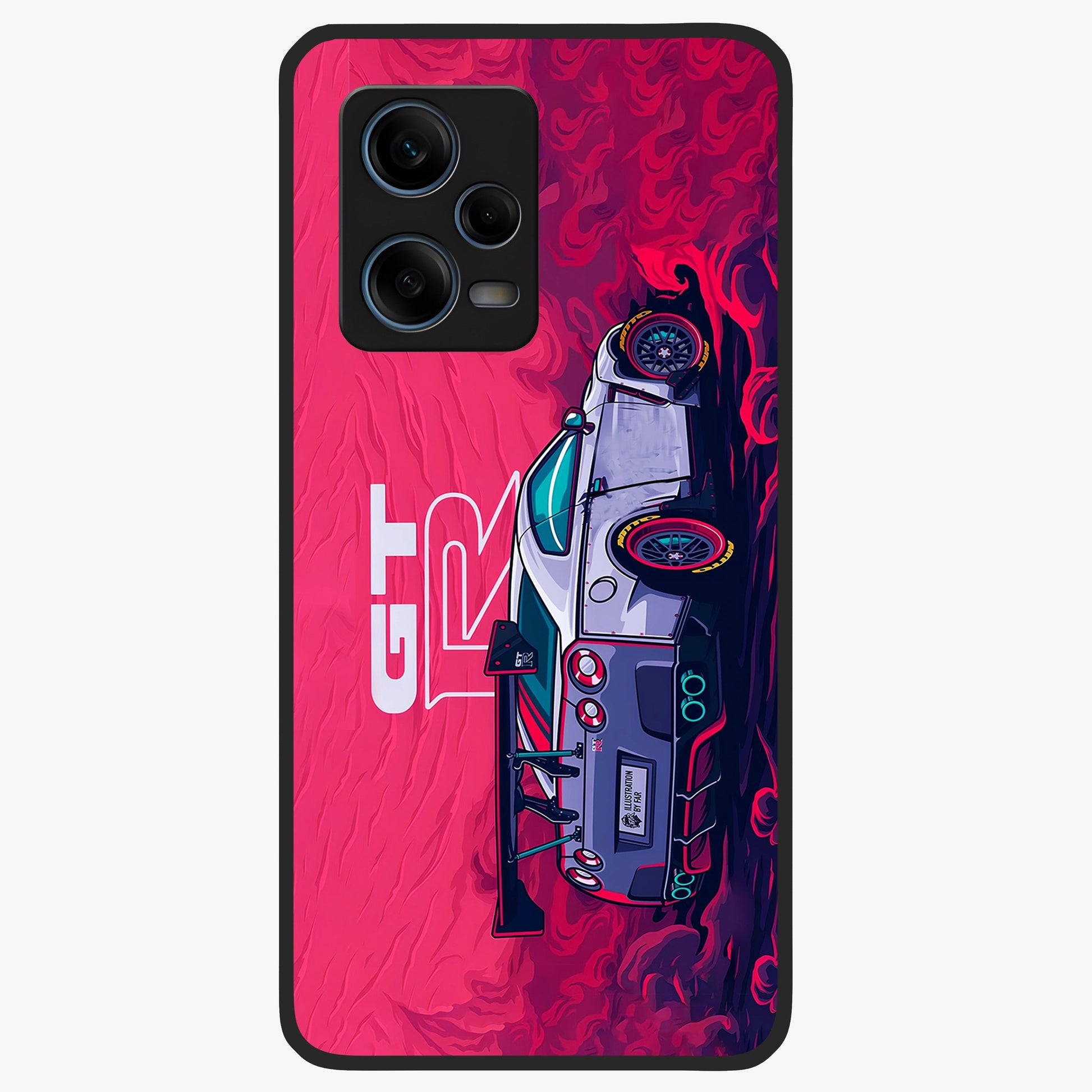 GT-R Car Pattern Glass Case showing flat back view with sporty car inspired pattern artwork and glossy glass finish.