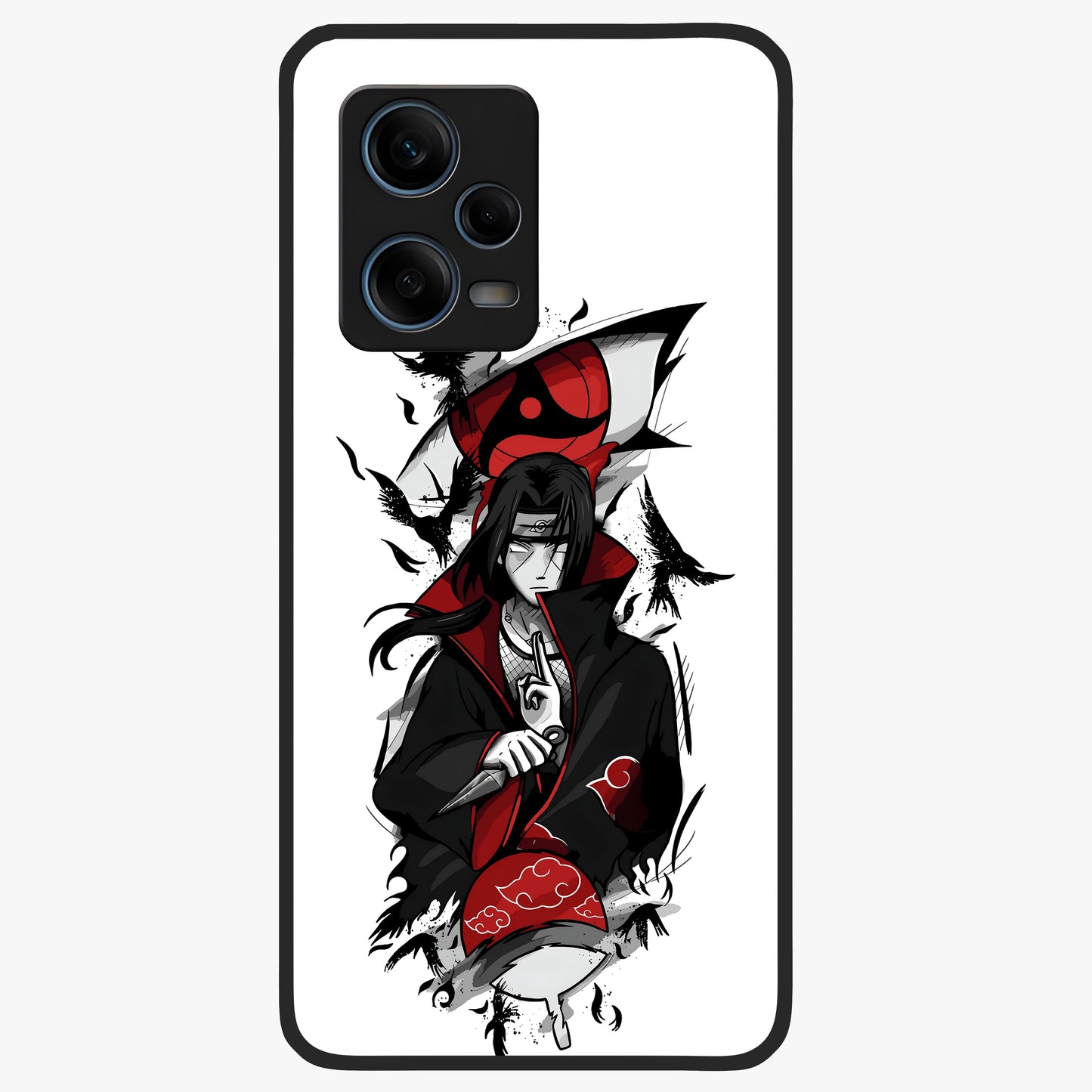 Itachi Sharingan Glass Case showing flat back view with powerful anime eye artwork and glossy glass finish.