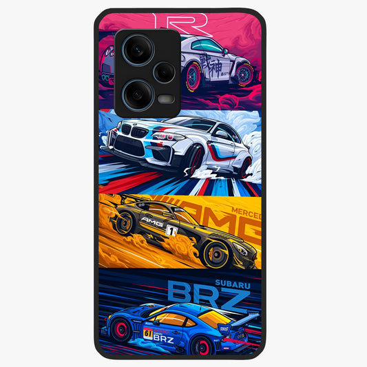 JDM Sports Car Glass Case showing flat back view with high performance sports car artwork and glossy glass finish.