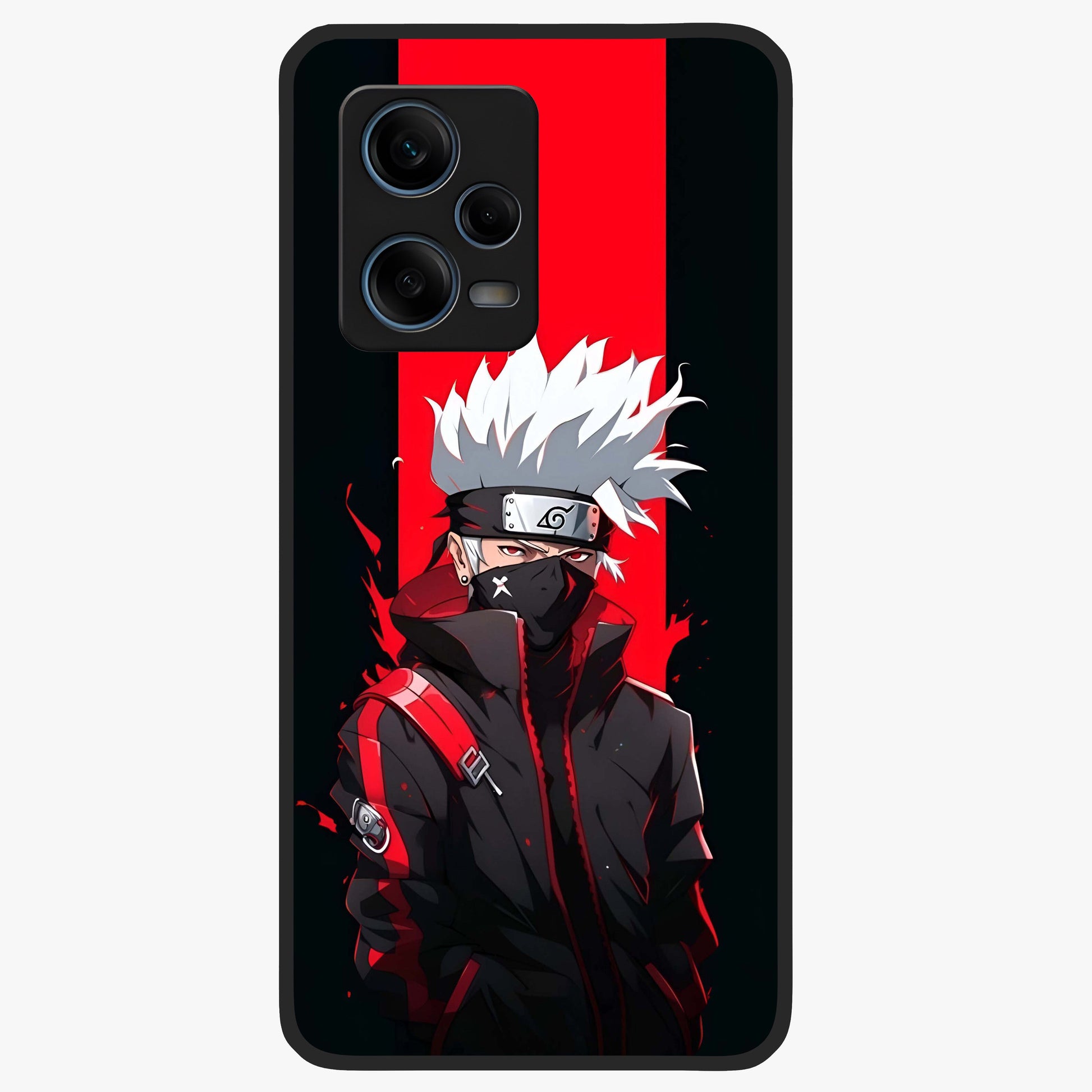 Kakashi Scarlet Shadow Glass Case showing flat back view with powerful anime ninja artwork and glossy glass finish.