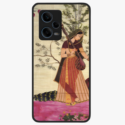 Lady With Veena Art Glass Case showing flat back view with elegant woman playing veena artwork and glossy glass finish.