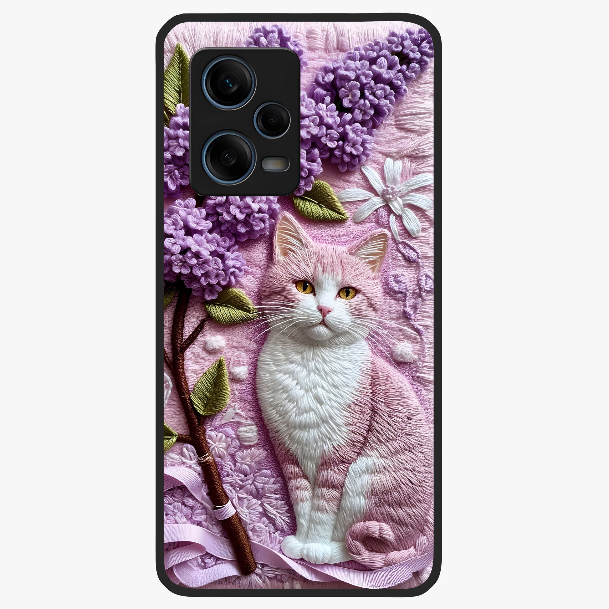 Lavender Cat Whimsy Glass Case showing flat back view with cute lavender cat artwork and glossy glass finish.