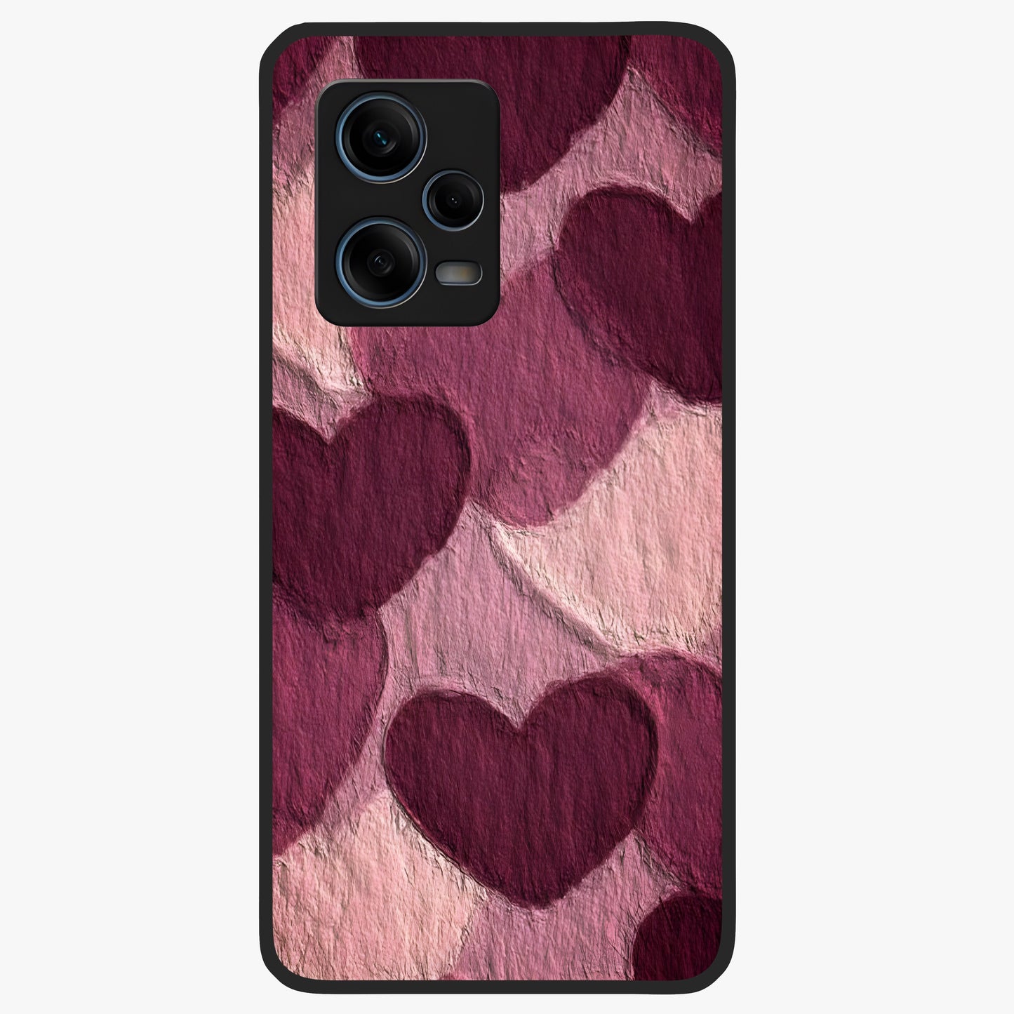 Layered Paper Hearts Glass Case showing flat back view with layered paper heart artwork and glossy glass finish.