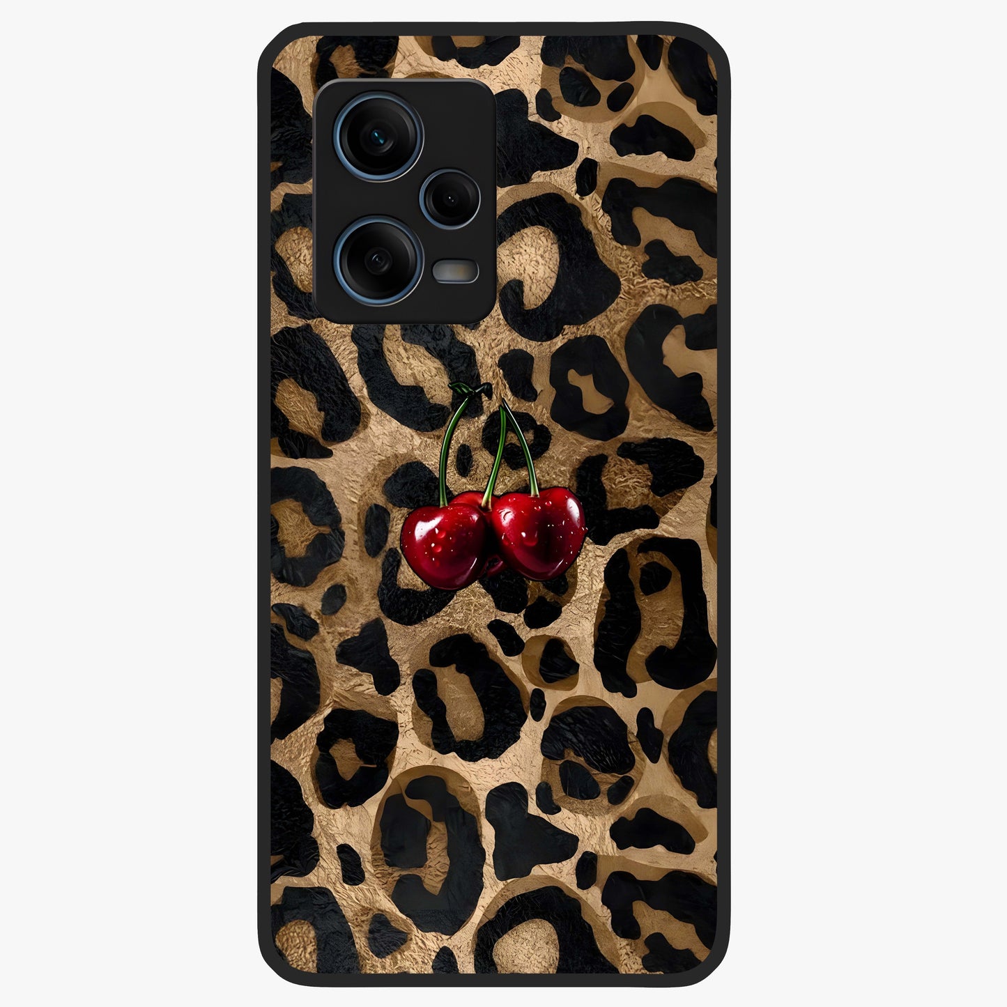 Leopard Wild Cherry Glass Case showing flat back view with leopard pattern and cherry artwork and glossy glass finish.