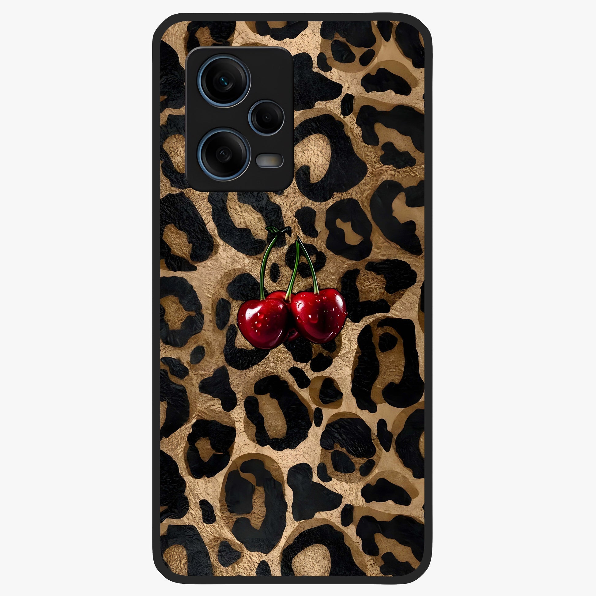 Leopard Wild Cherry Glass Case showing flat back view with leopard pattern and cherry artwork and glossy glass finish.