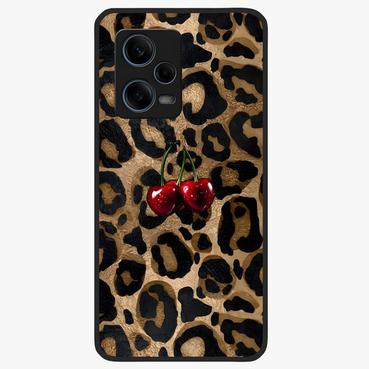 Leopard Wild Cherry Glass Case showing flat back view with leopard pattern and cherry artwork and glossy glass finish.