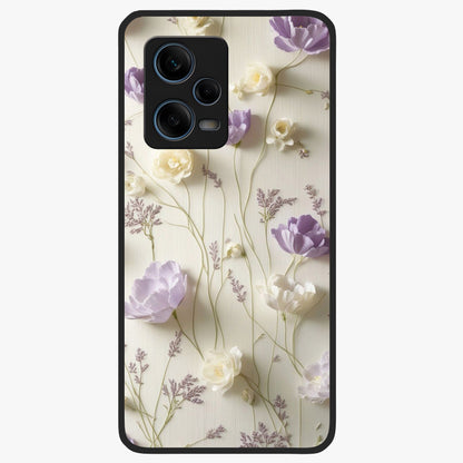 Lilac Breeze Harmony Glass Case showing flat back view with soft lilac themed artwork and glossy glass finish.