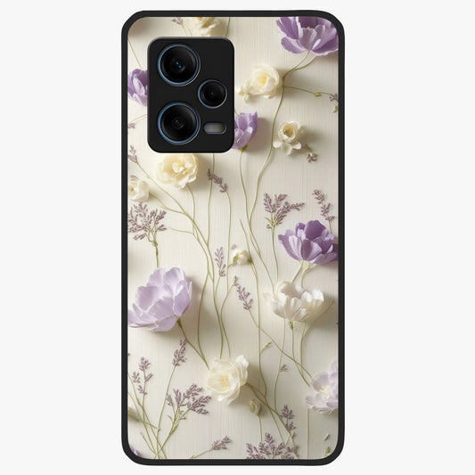 Lilac Breeze Harmony Glass Case showing flat back view with soft lilac themed artwork and glossy glass finish.