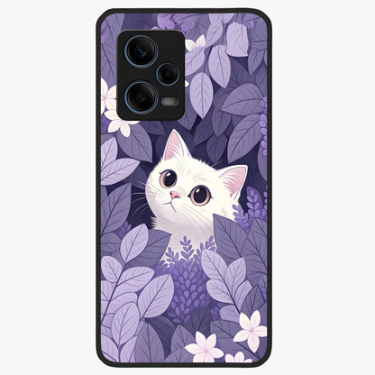 Lilac Hide Peek Cat Glass Case showing flat back view with cute peeking cat artwork and glossy glass finish.
