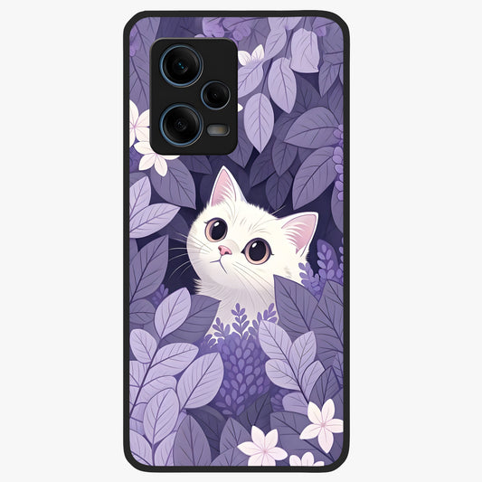 Lilac Hide Peek Cat Glass Case showing flat back view with cute peeking cat artwork and glossy glass finish.