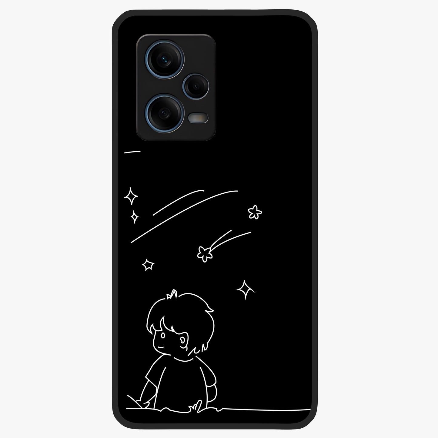 Line Art Boy With Shooting Stars Glass Case showing flat back view with minimal line art boy and shooting stars illustration and glossy glass finish.