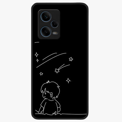 Line Art Boy With Shooting Stars Glass Case showing flat back view with minimal line art boy and shooting stars illustration and glossy glass finish.