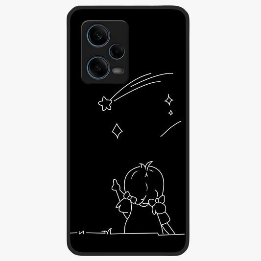 Line Art Girl With Shooting Stars Glass Case showing flat back view with minimal line art girl and shooting stars illustration and glossy glass finish.