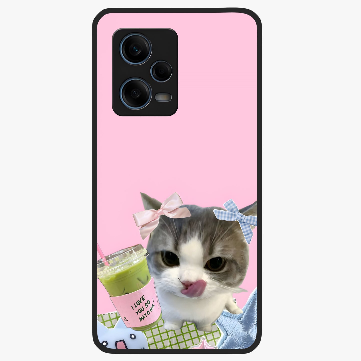 Love Matcha Cat Glass Case showing flat back view with cute cat and matcha themed artwork and glossy glass finish.