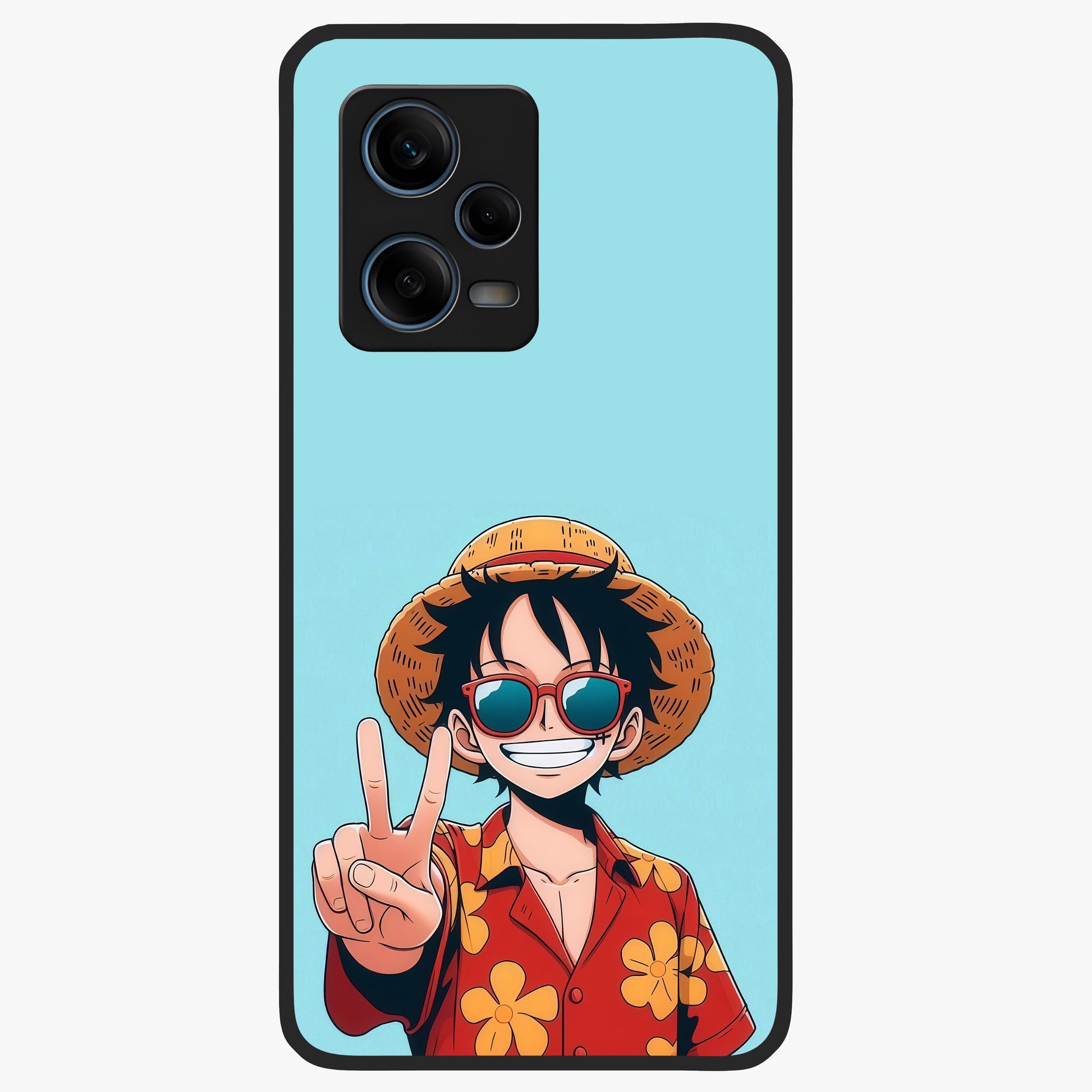 Luffy Summer Anime Vibe Glass Case showing flat back view with vibrant anime character artwork and glossy glass finish.