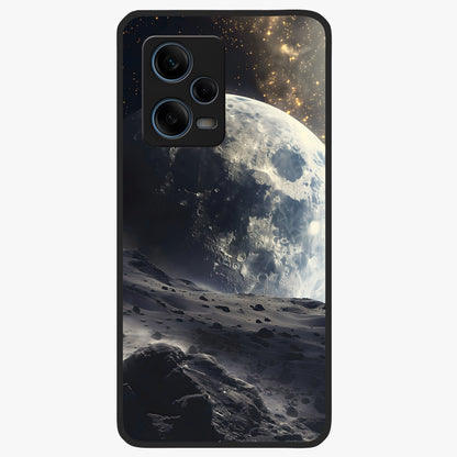 Lunar Horizon Glow Glass Case showing flat back view with glowing moon horizon artwork and glossy glass finish.