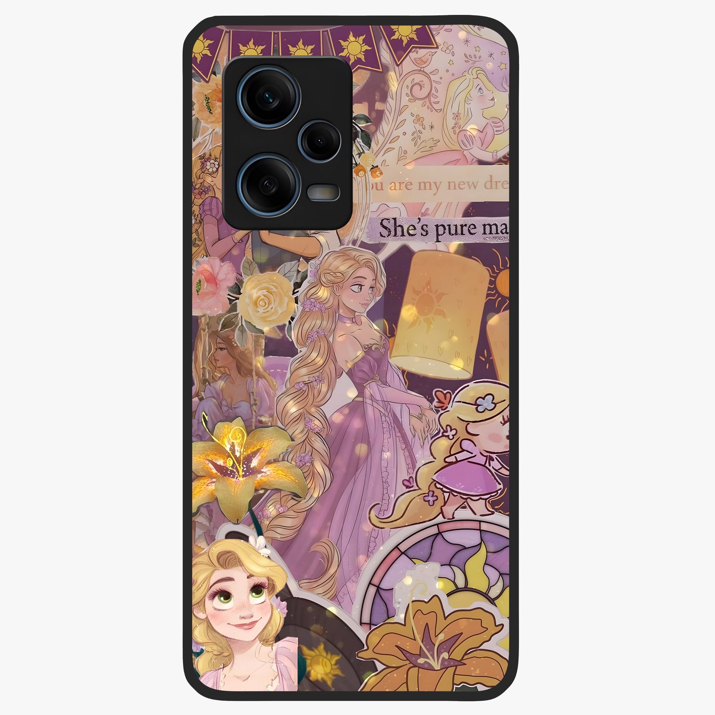 Magical Tangled Dream Glass Case showing flat back view with dreamy tangled artwork and glossy glass finish.
