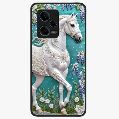 Majestic Floral Stallion Glass Case showing flat back view with powerful horse and floral artwork and glossy glass finish.