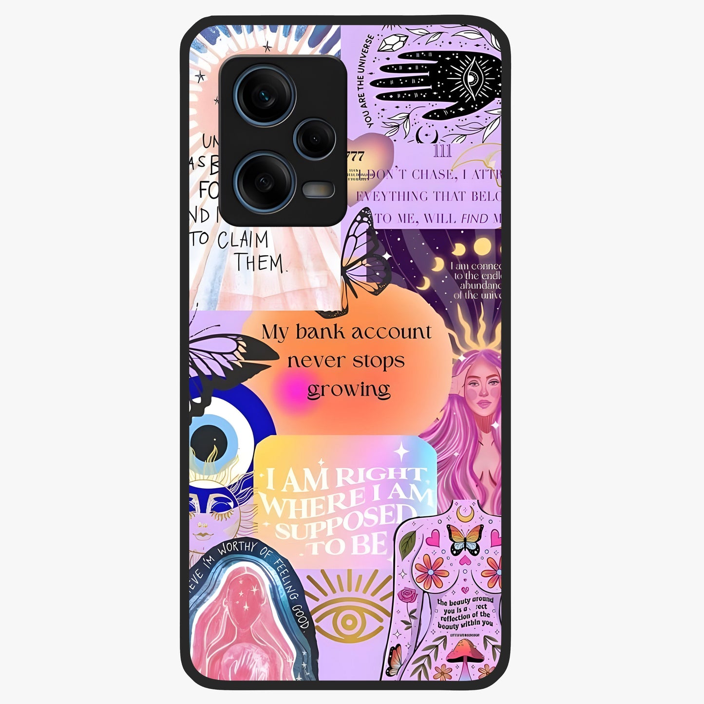 Manifestation Collage Glass Case showing flat back view with motivational collage artwork and glossy glass finish.
