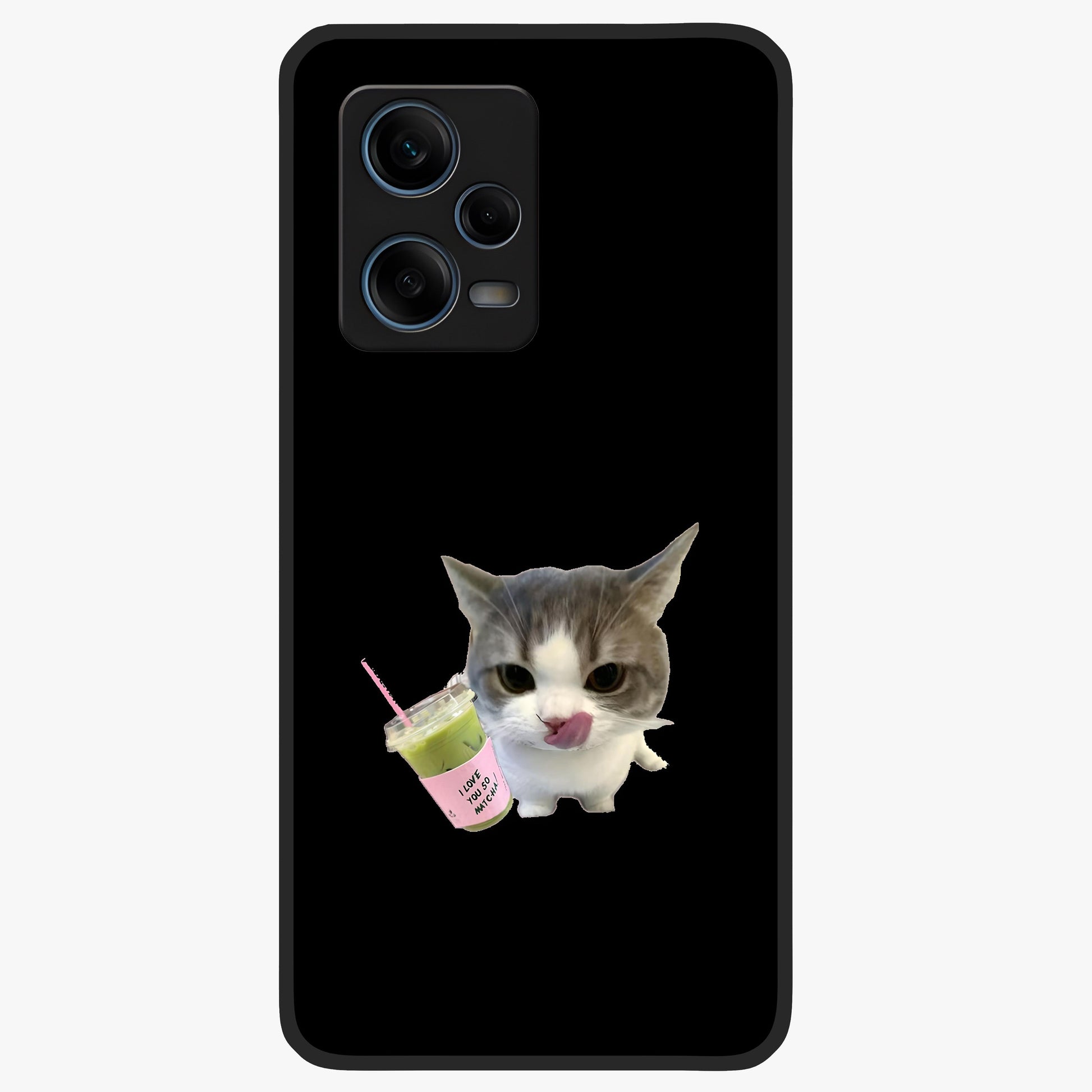 Matcha Cat Style Glass Case showing flat back view with cute matcha themed cat artwork and glossy glass finish.