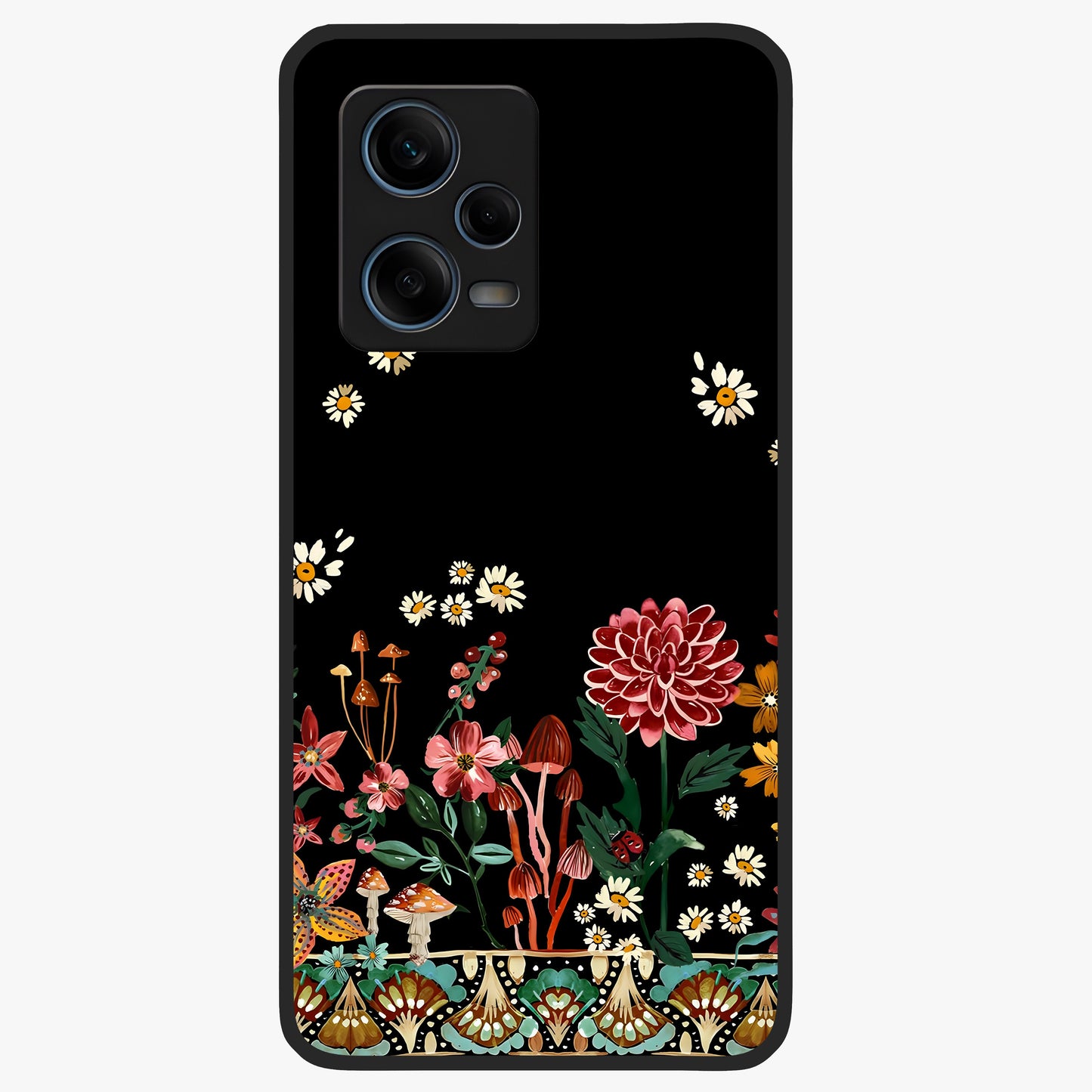 Midnight Bloom Pattern Glass Case showing flat back view with dark floral pattern artwork and glossy glass finish.