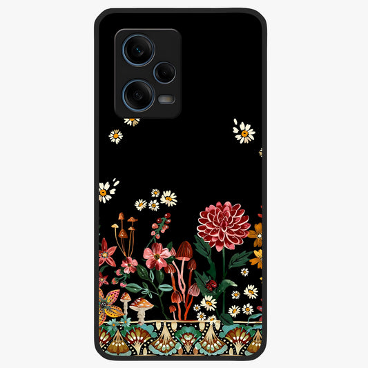 Midnight Bloom Pattern Glass Case showing flat back view with dark floral pattern artwork and glossy glass finish.