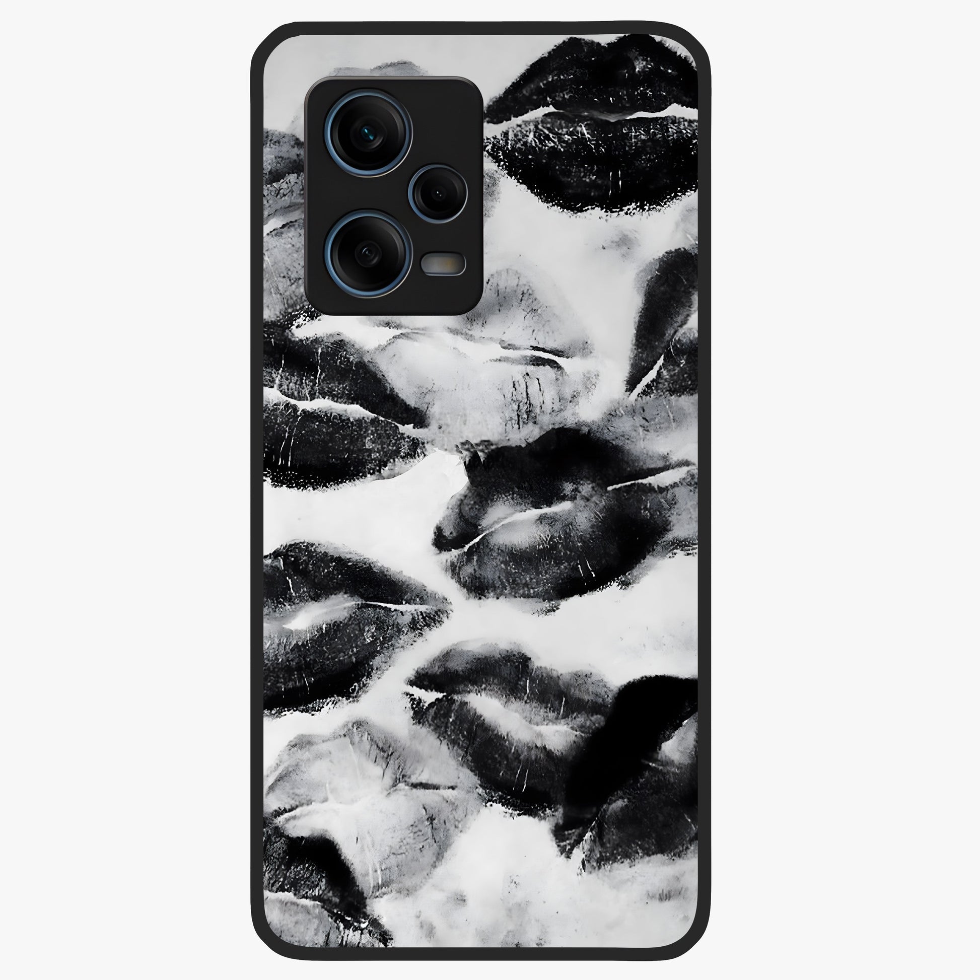 Midnight Kiss Marks Glass Case showing flat back view with lipstick kiss mark artwork and glossy glass finish.